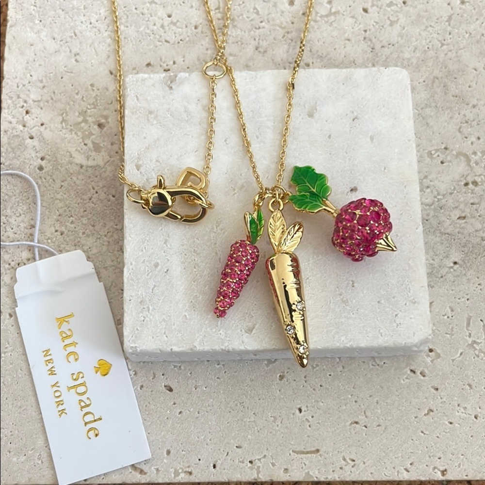 Kate Spade Carrot Radish Garden Charm Necklace Gold Pink Enamel